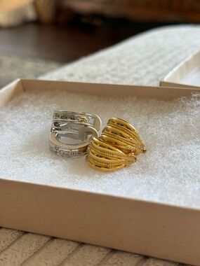 Vintage Givenchy Gold & Silver clip on Hoop Earrings designer Two-Tone Set